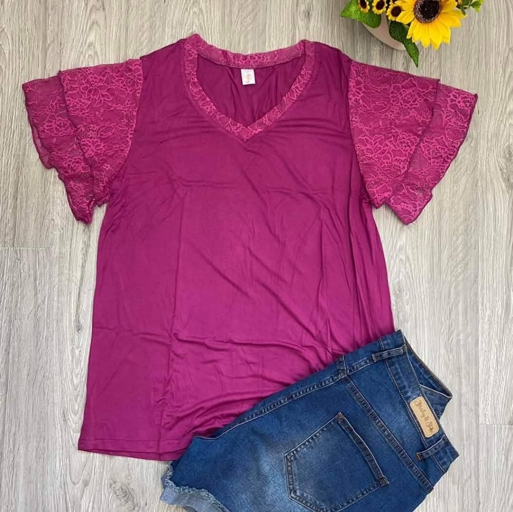 Shirley & Stone Pink Lace Trim Top Short Sleeve New V-neck